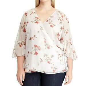 Lauren Ralph Lauren Floral Chiffon Wrap Top Women's 1X Ruffle Bell Sleeves Sheer